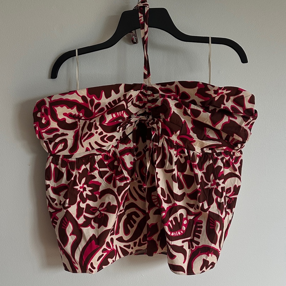 Express Tie Halter Ruched Pattern Tank - Picture 2 of 6